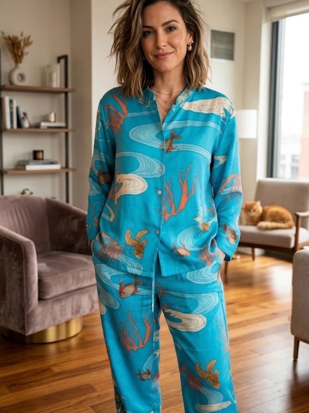 Turquoise NATORI Blue Printed Pajama Set